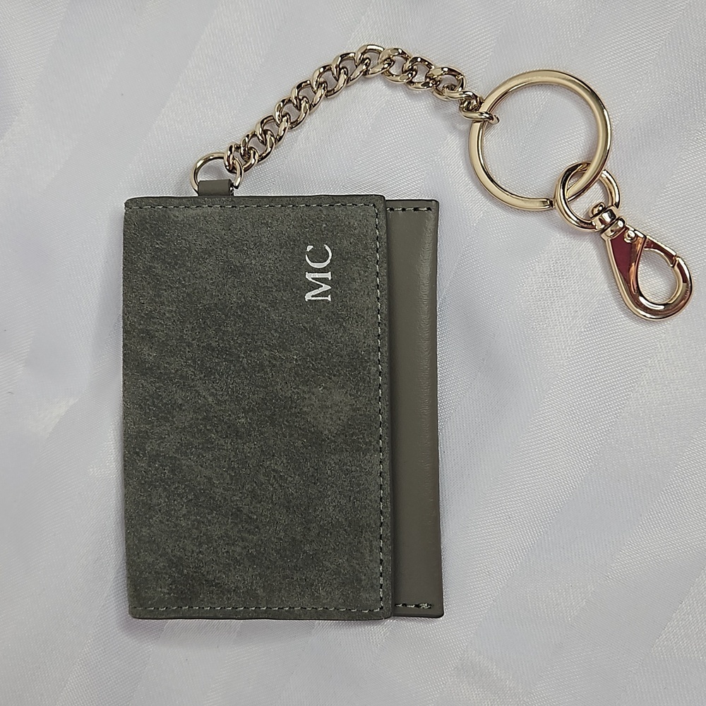 MARK & GRAHAM CARD CASE KEY CHAIN -IN GREY LEATHER -SUEDE